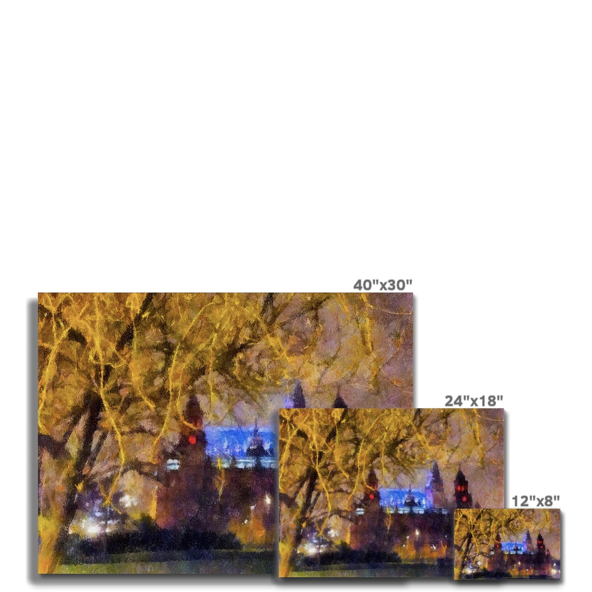 Kelvingrove Nights Canvas Print: Gold Tree Branch Wall Art with Blue and White Lights