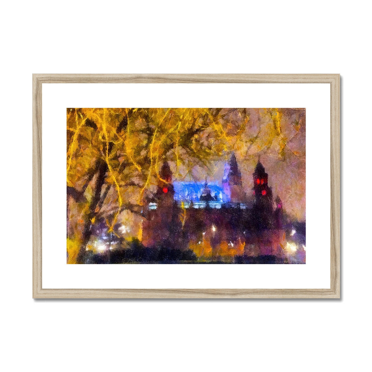 Kelvingrove Nights gold tree branch art print with blue red building background