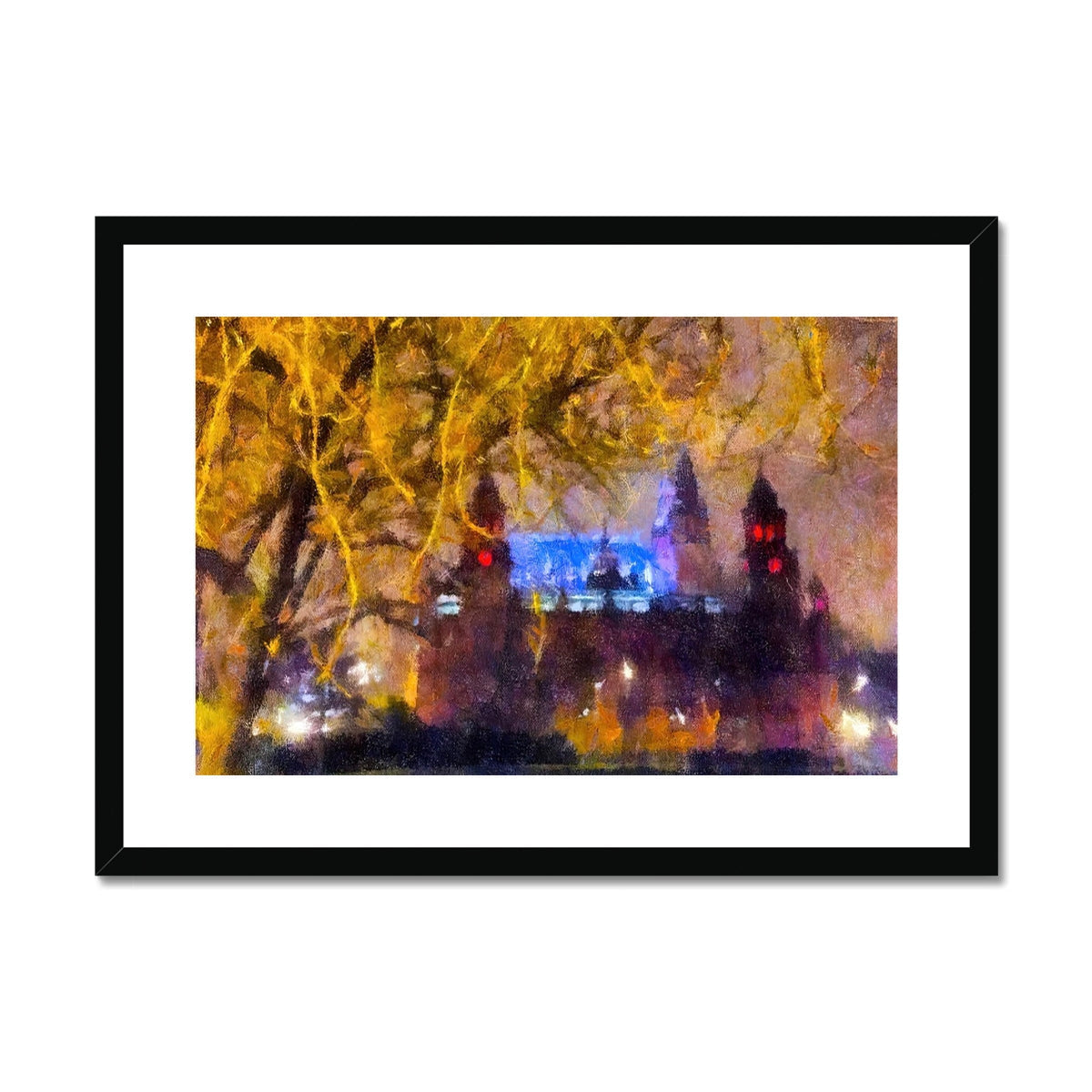 Black framed Kelvingrove Nights canvas print of nighttime cityscape