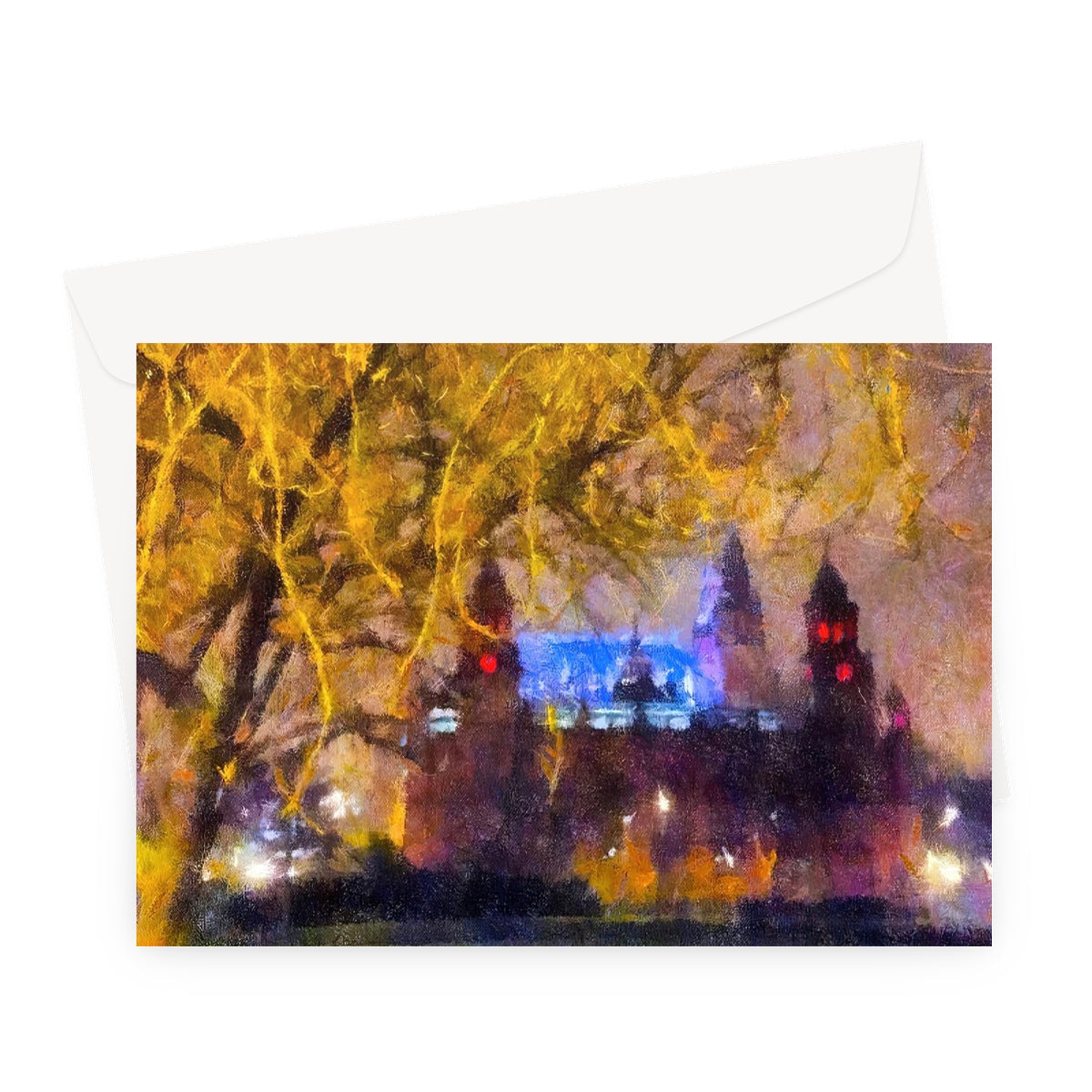 Winter Kelvingrove Nights greeting card with snowy tree and illuminated building