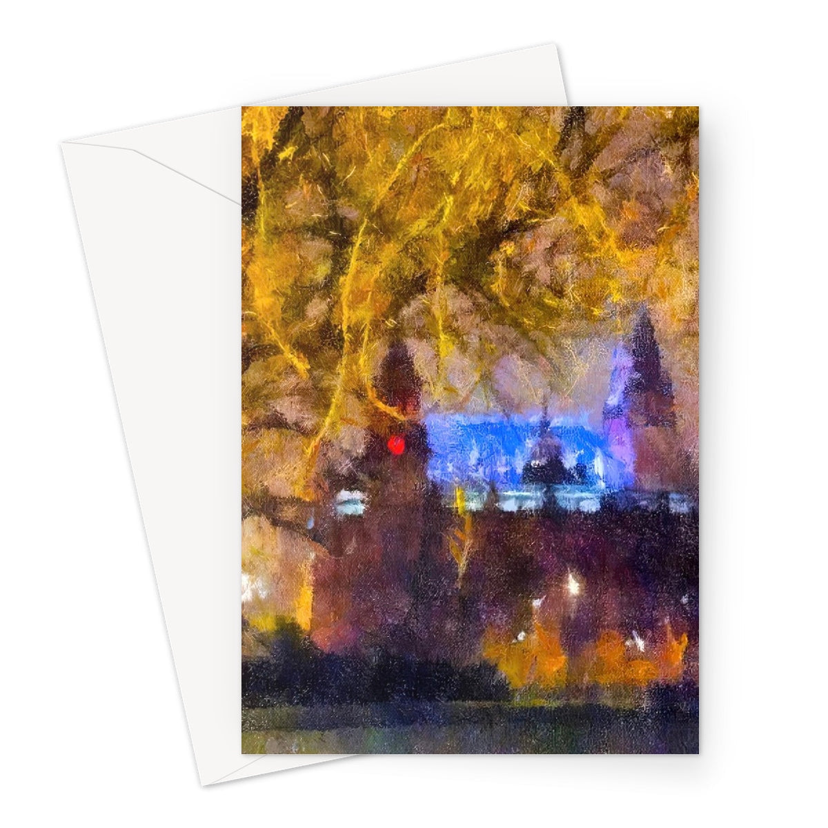 Golden willow tree greeting card with Big Ben watercolor design
