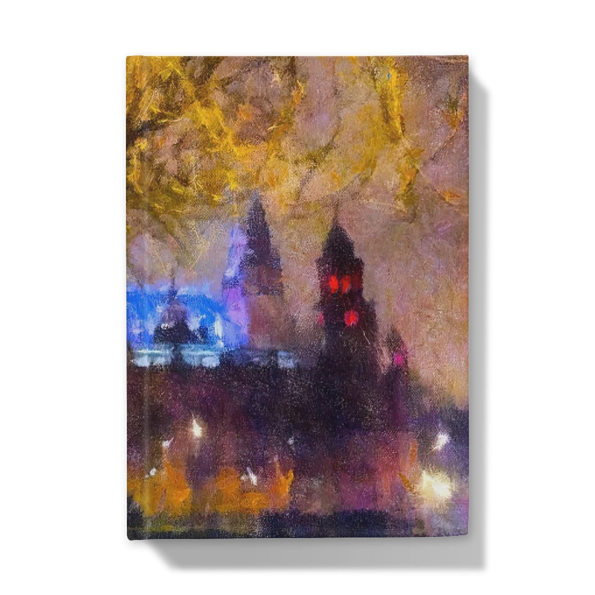 Impressionistic cityscape at night with illuminated buildings reflected in Kelvingrove Nights Hardback Journal