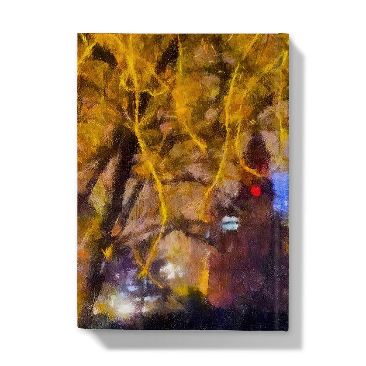 Impressionistic painting of golden leaves and abstract shapes on Kelvingrove Nights Hardback Journal