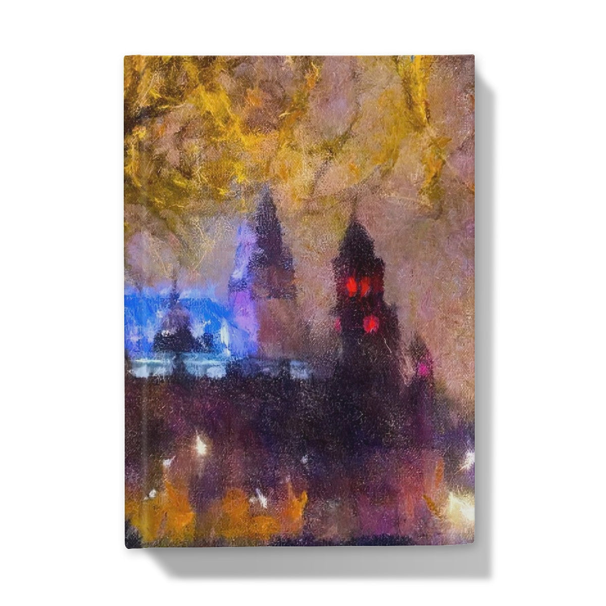 Abstract painting of City Skyline at Night with blue and red lights on Yellow and Purple Sky for Kelvingrove Nights Hardback Journal