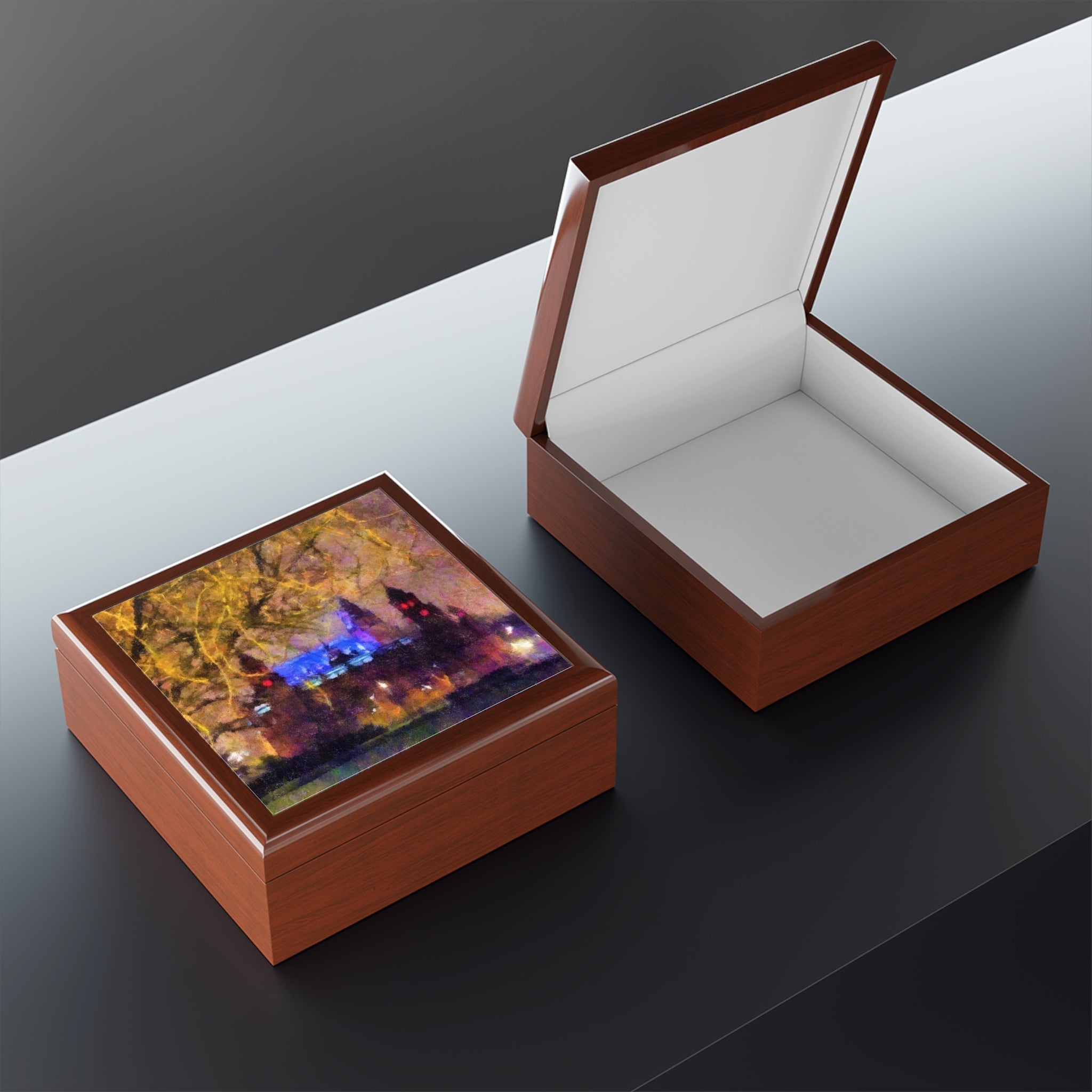 Kelvingrove Nights brown wooden jewellery box with colorful nighttime lid print