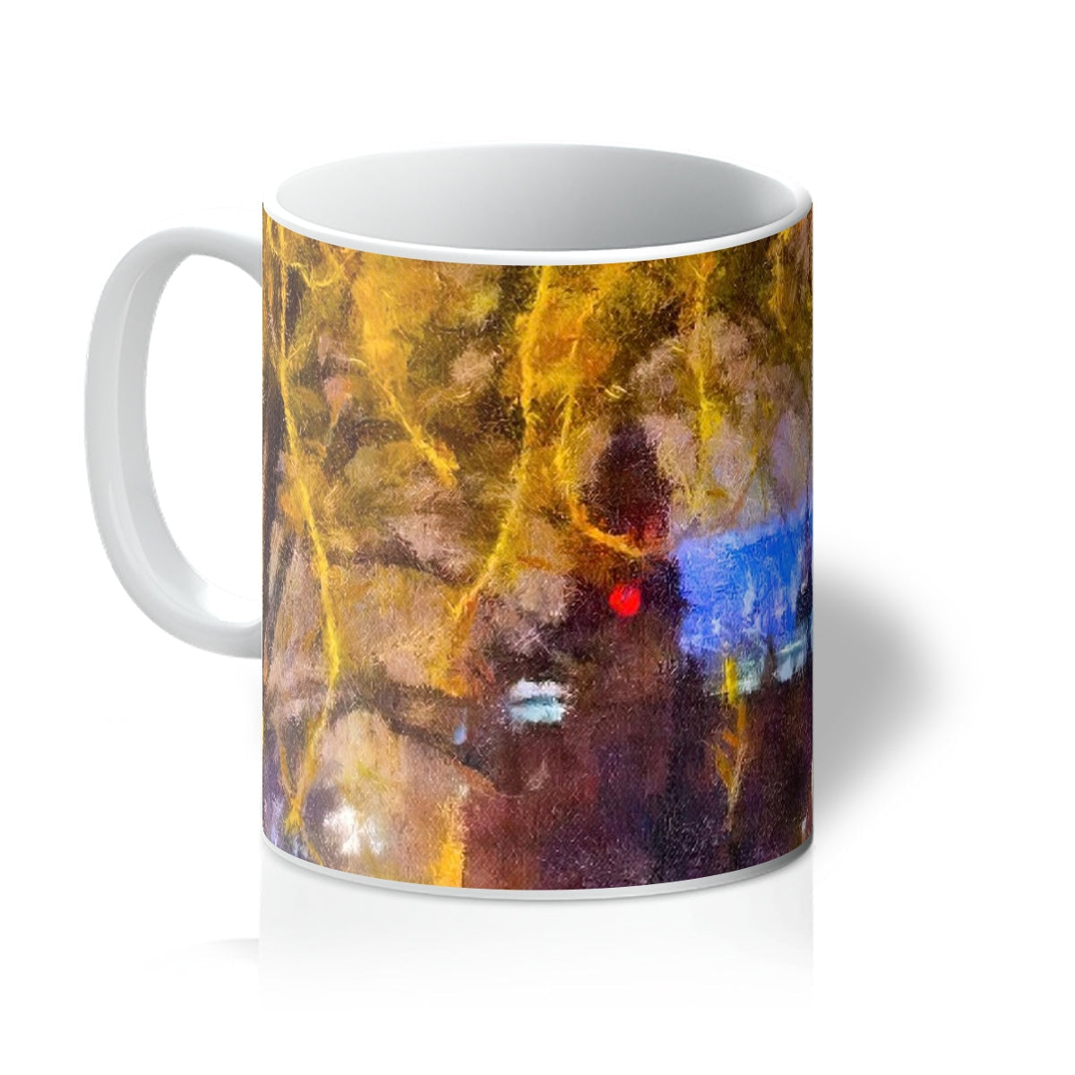 Kelvingrove Nights Mug with abstract tree in golden hues and blue accents