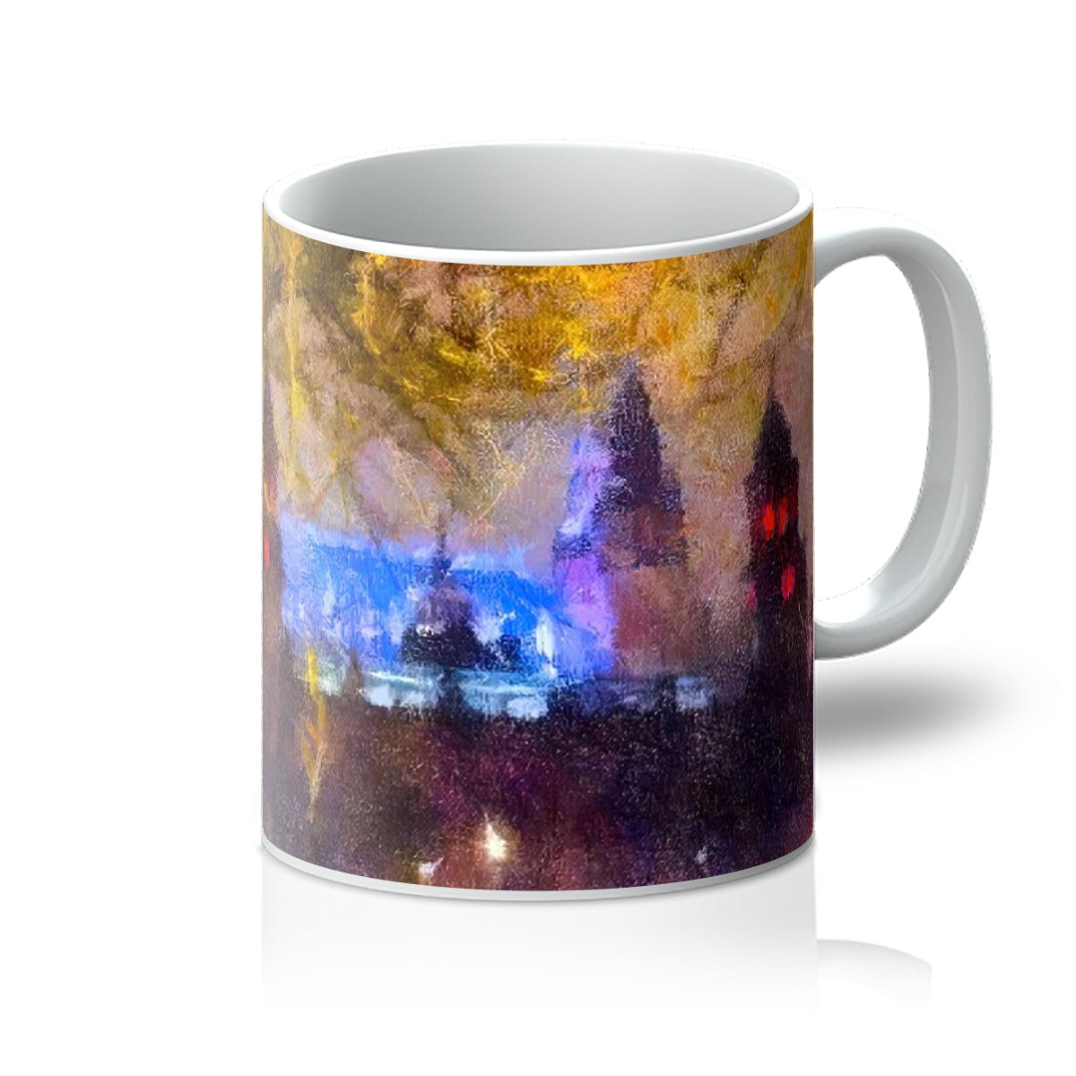 Kelvingrove Nights ceramic mug with colorful cityscape and trees design