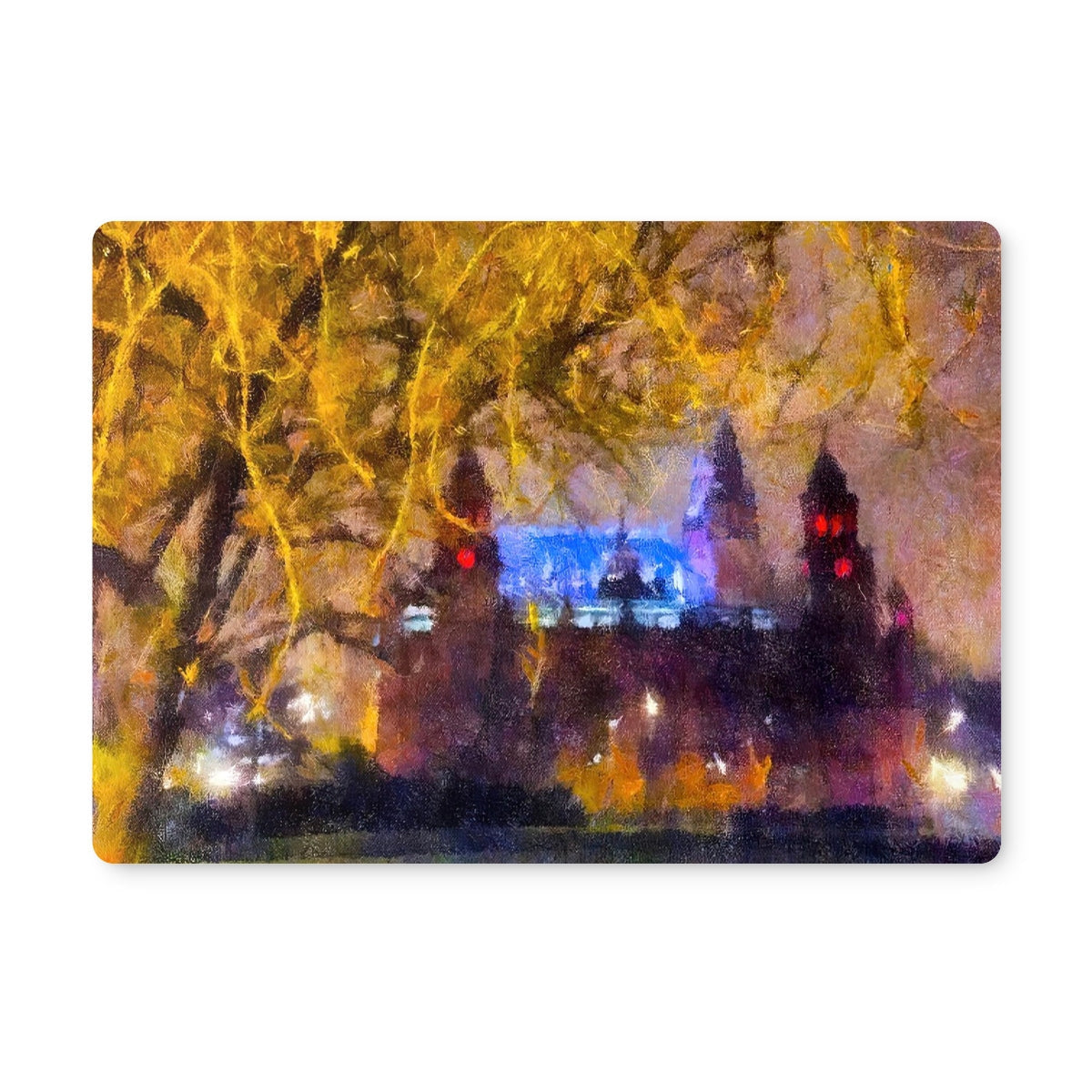Rectangular Kelvingrove Nights Placemat with impressionistic cityscape painting featuring red turrets and blue dome