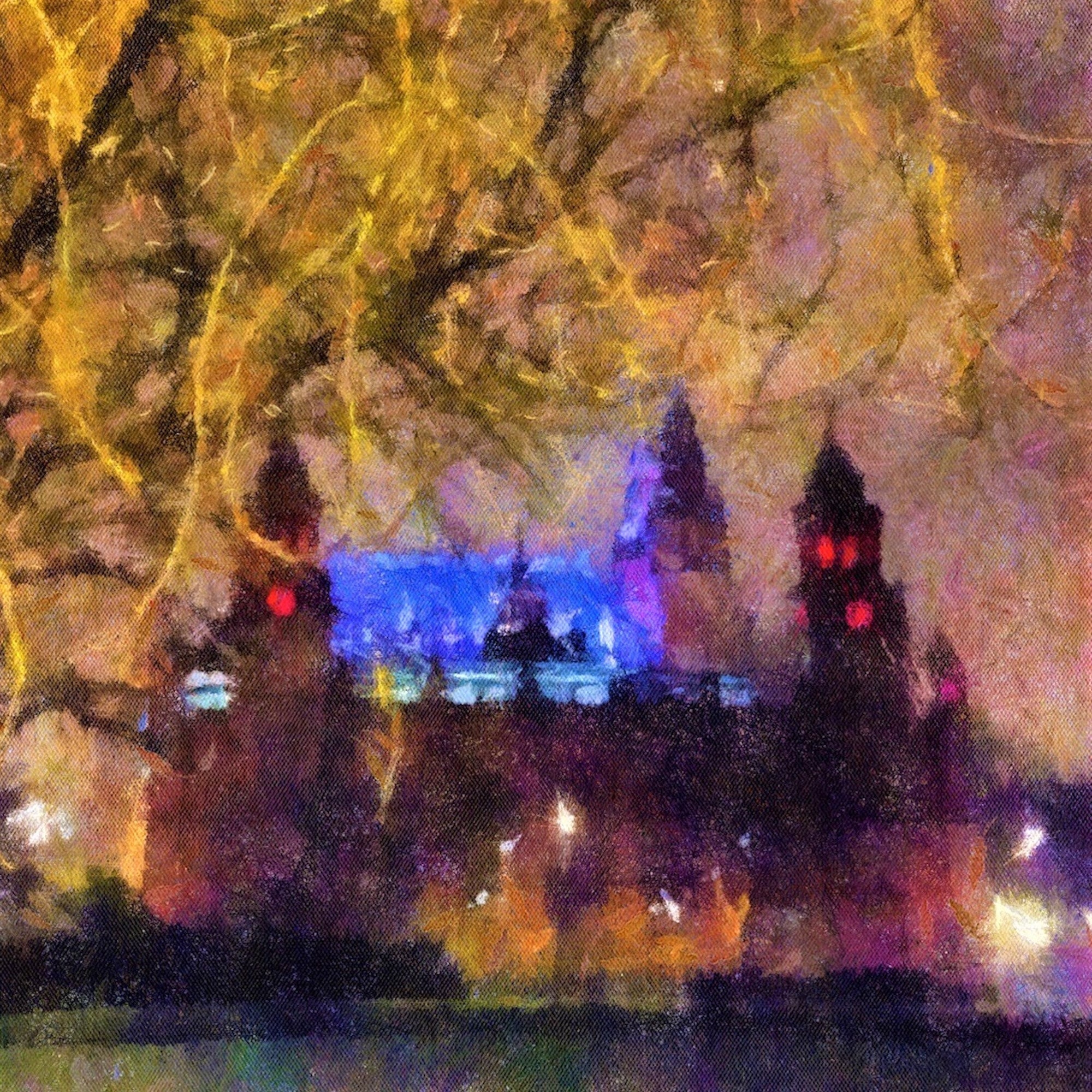 Painted depiction of Kelvingrove Castle with illuminated towers and colorful lights in Scotland