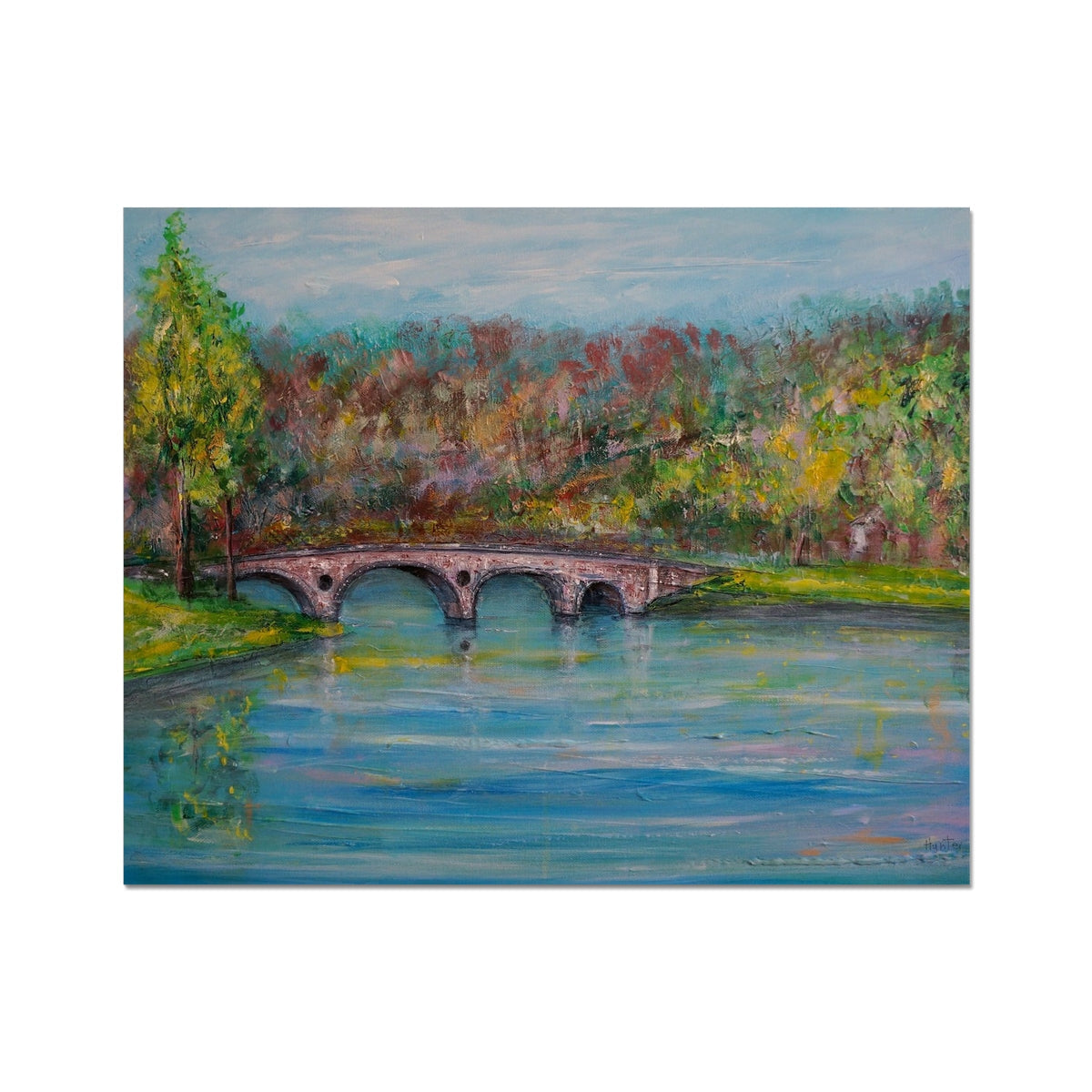 Kenmore Bridge stone arch over river with autumn foliage art print