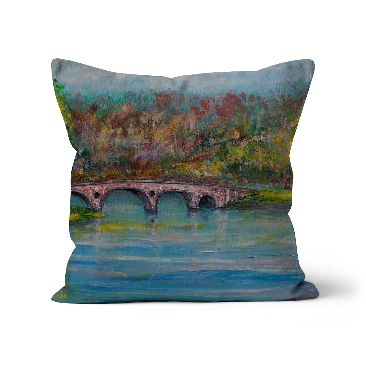 Kenmore Bridge Cushion throw pillow in blue and green fabric