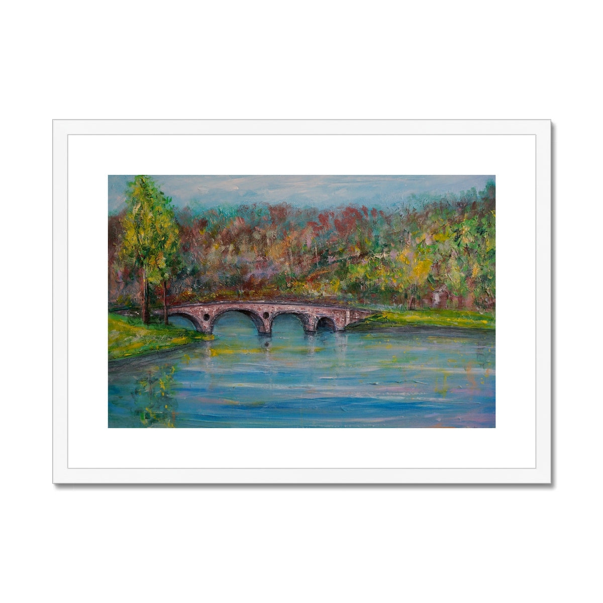 Kenmore Bridge art print: stone bridge over water with green foliage, blue sky