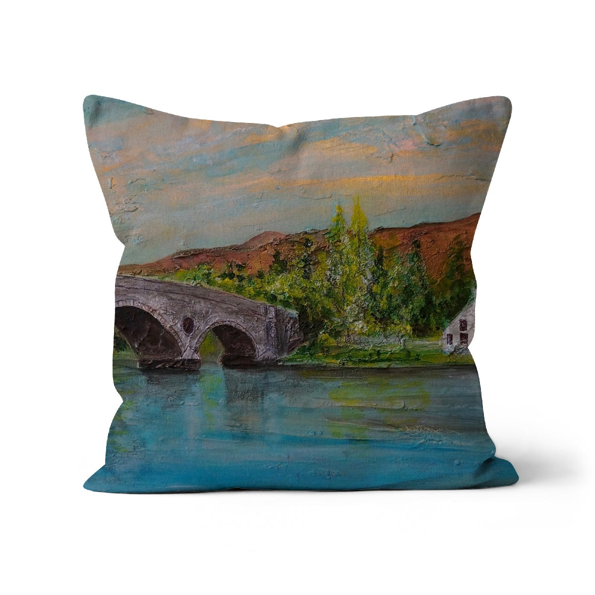Kenmore Bridge II Cushion: blue green cotton throw pillow with bridge design