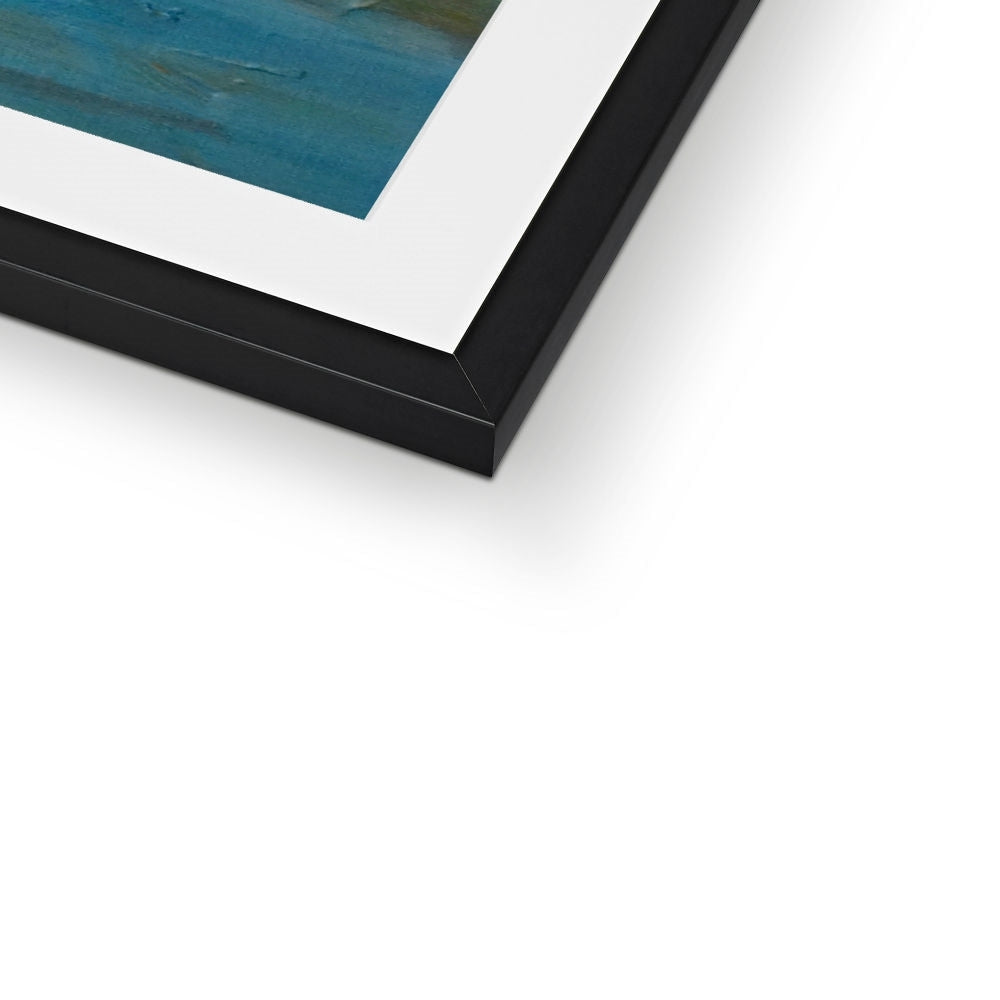 Black matte frame with white mat and blue watercolor Kenmore Bridge II art print