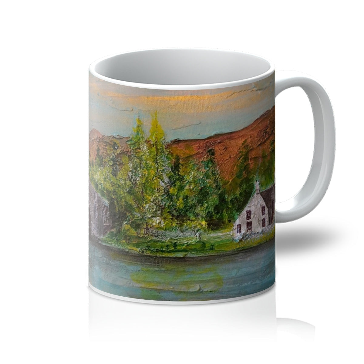 Kenmore Bridge II ceramic mug with painted landscape of green trees, blue sky, white house