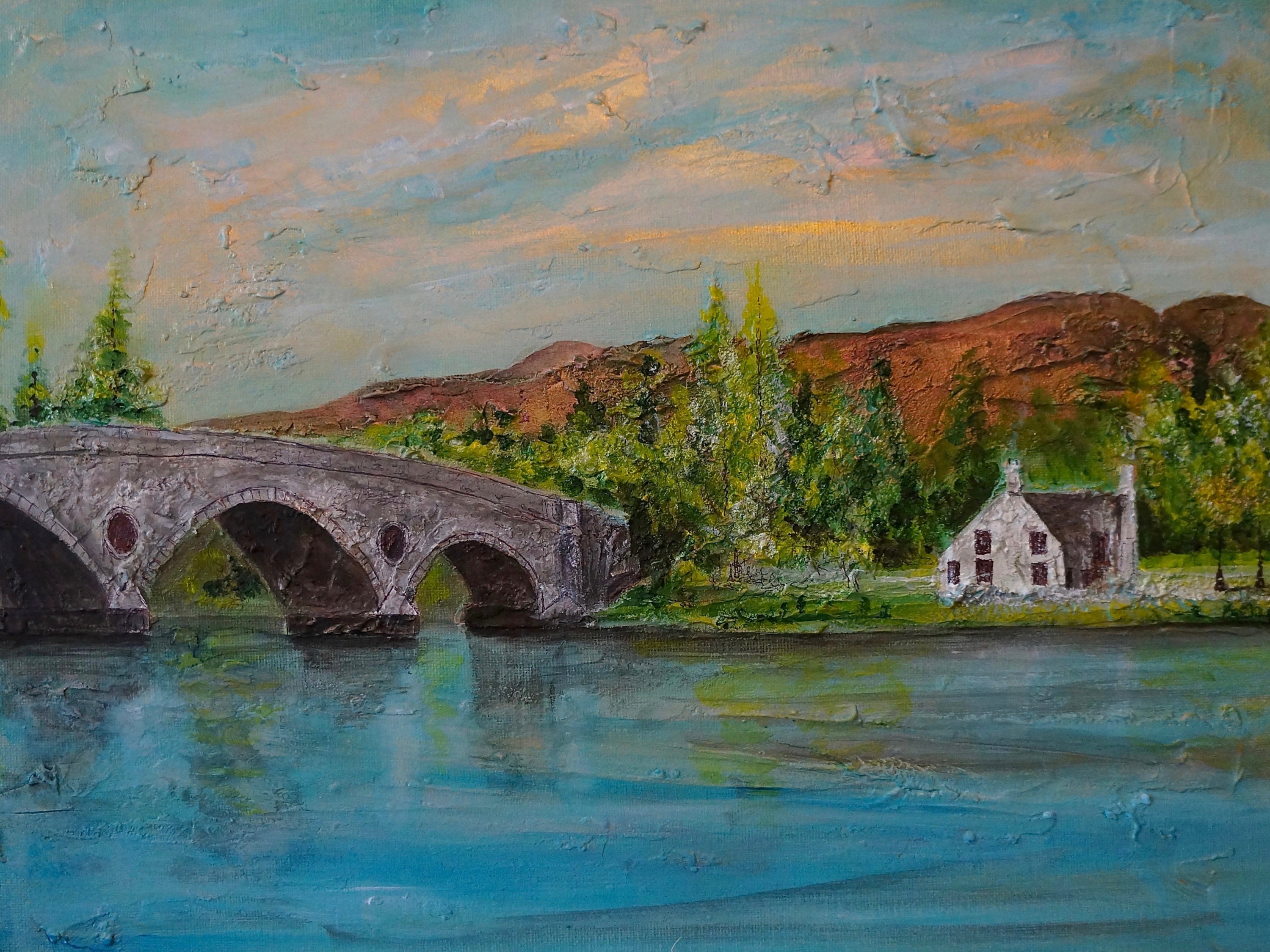 Impressionistic landscape painting titled Kenmore Bridge II Original Painting displayed on wall