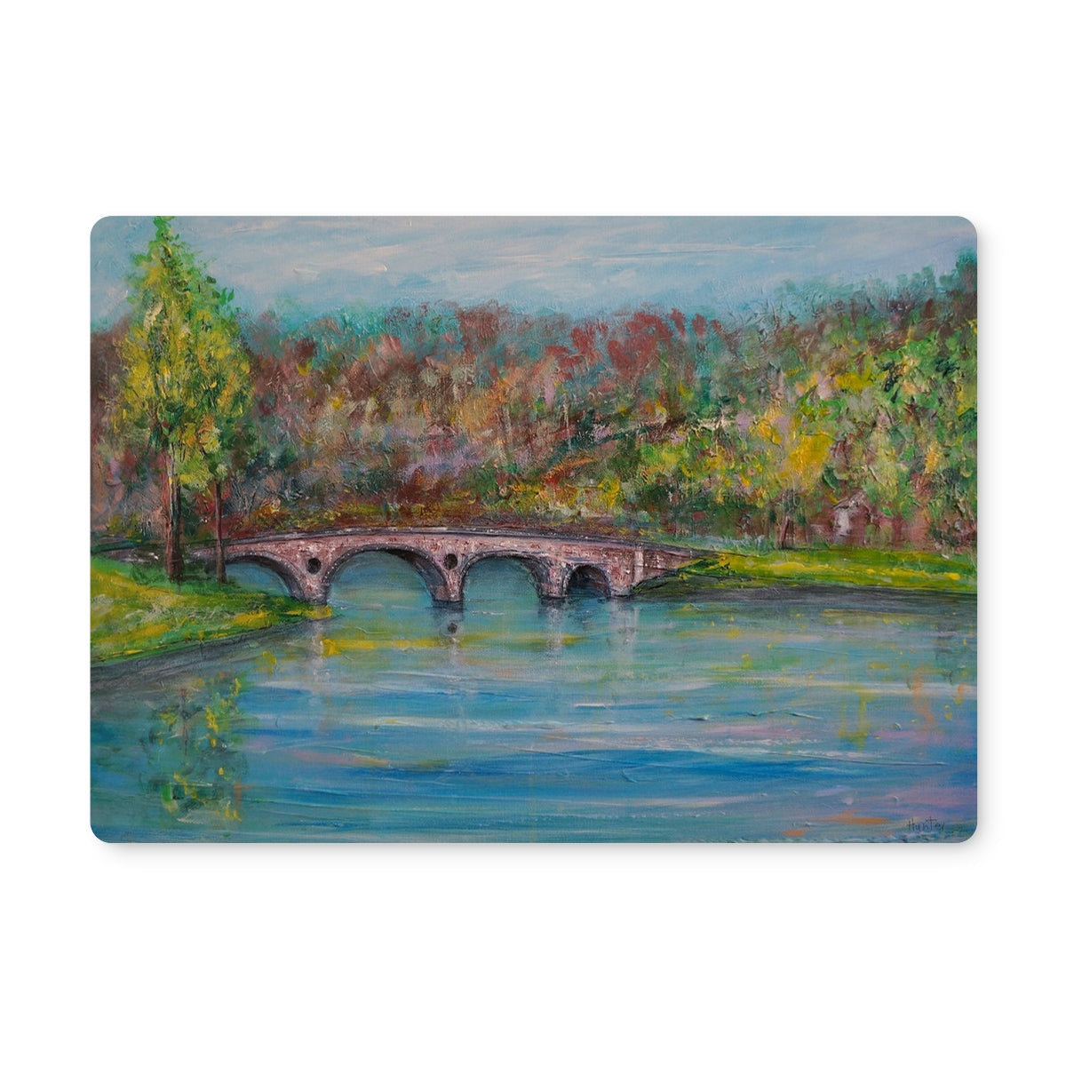 Kenmore Bridge placemat with arched stone bridge over river and green trees