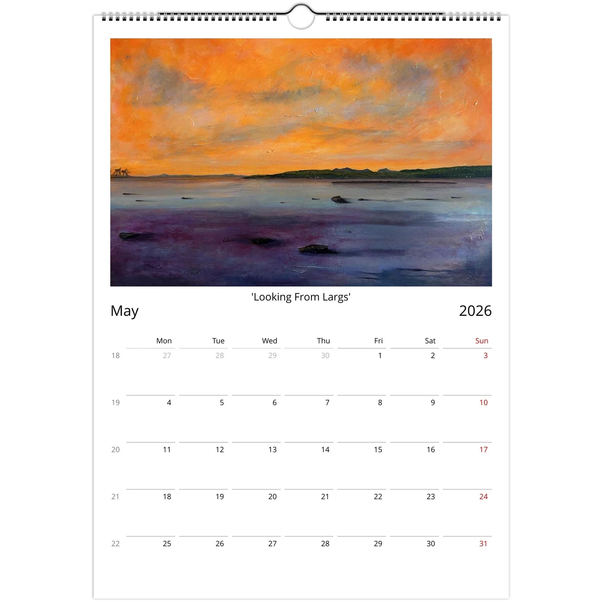 Wall calendar with artistic landscape and May 2026 grid from Kevin Hunter 2026 Art Calendar