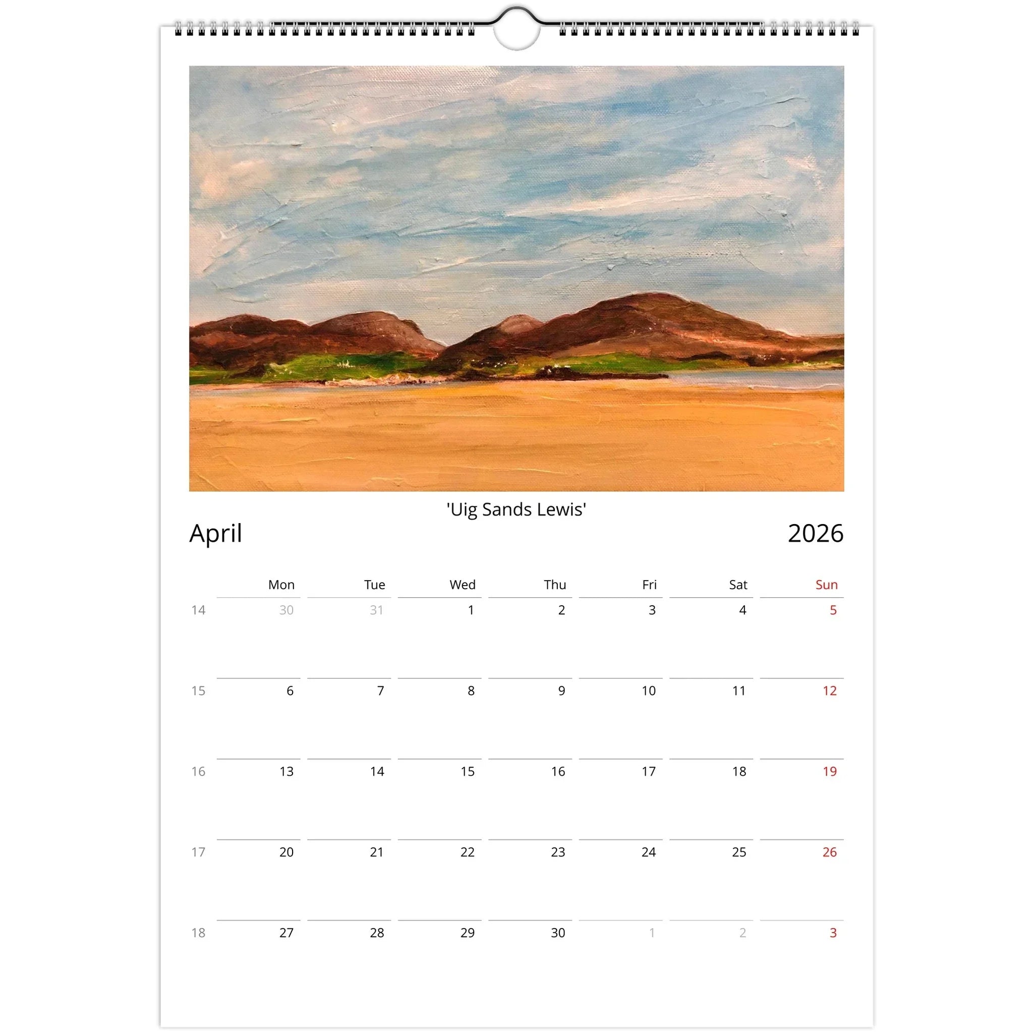 April 2026 calendar page with a painting of Uig Sands Lewis from Kevin Hunter 2026 Art Calendar