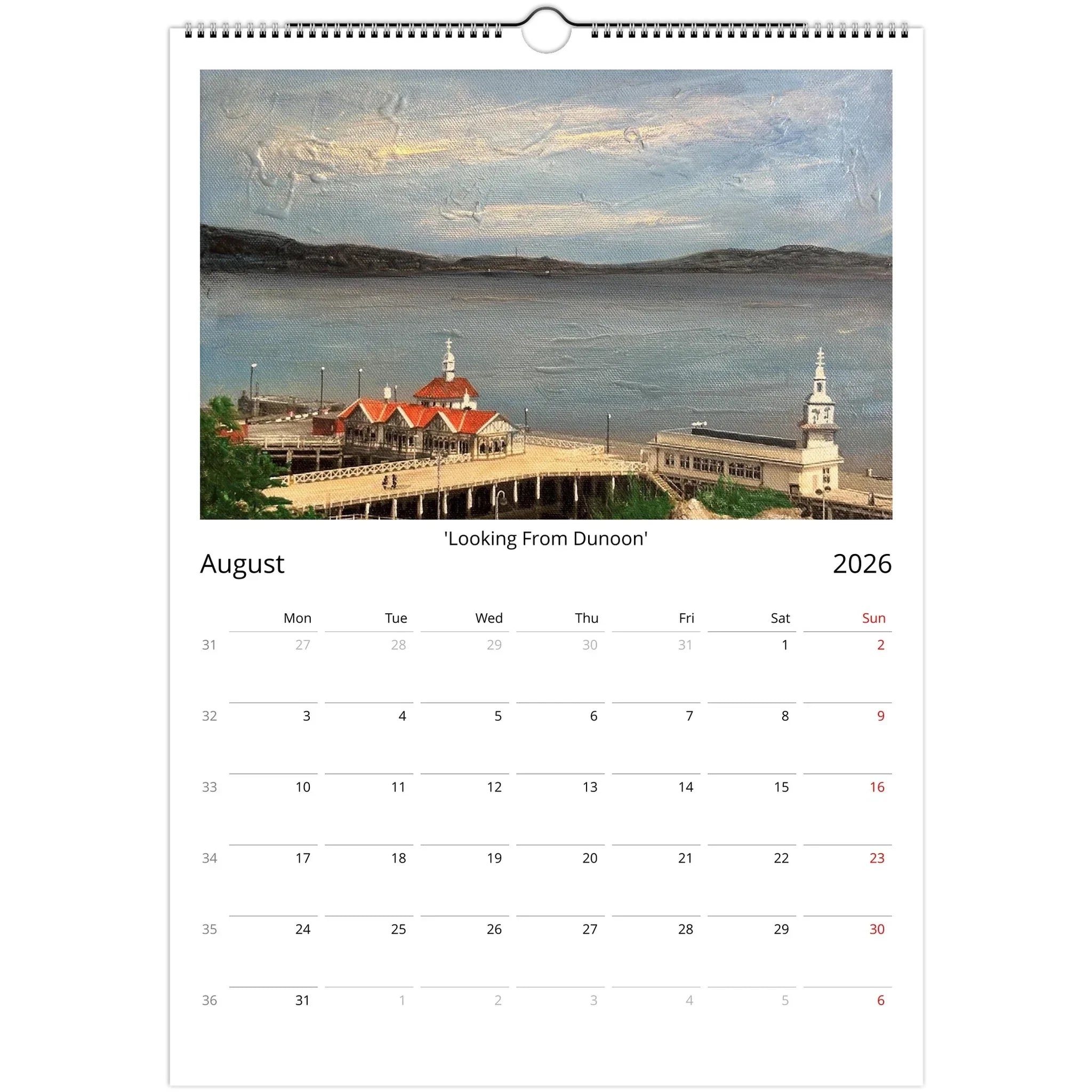 August 2026 wall calendar featuring a painting of a pier and bay in Kevin Hunter 2026 Art Calendar