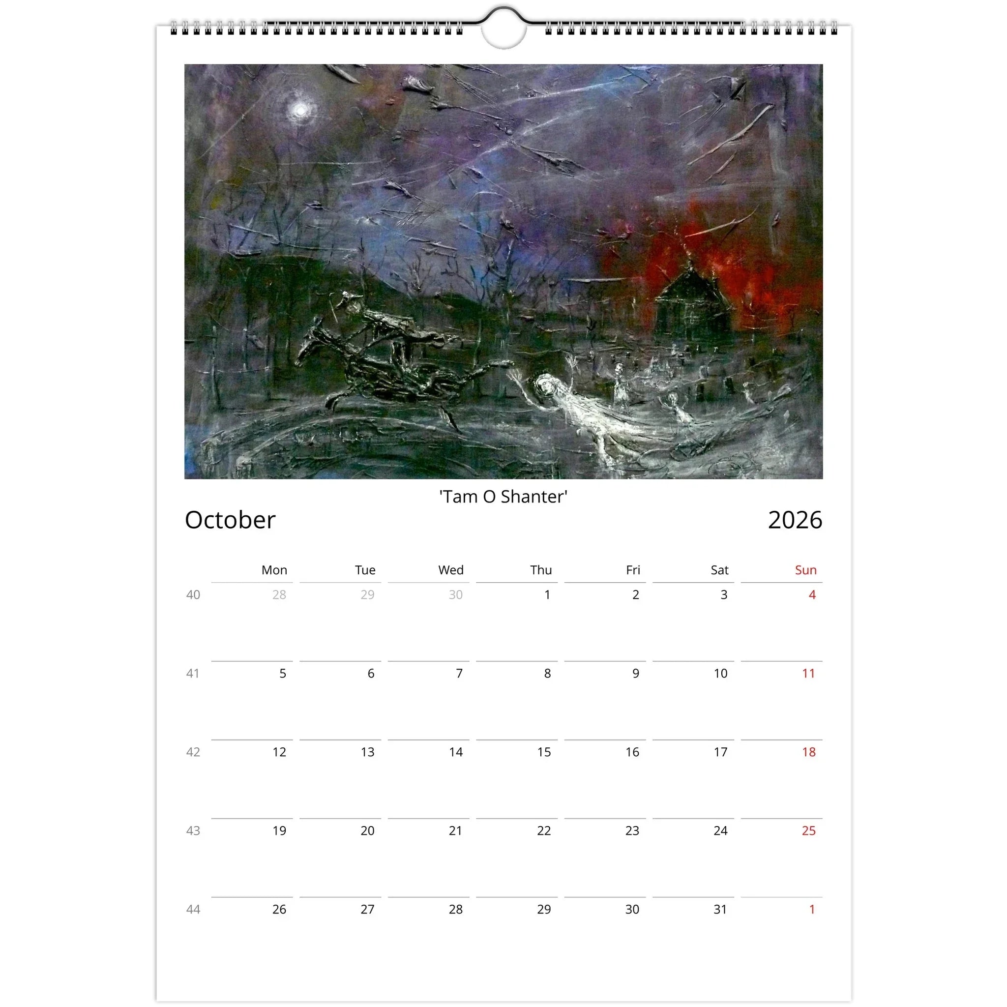 October 2026 calendar page with an abstract painting from Kevin Hunter 2026 Art Calendar