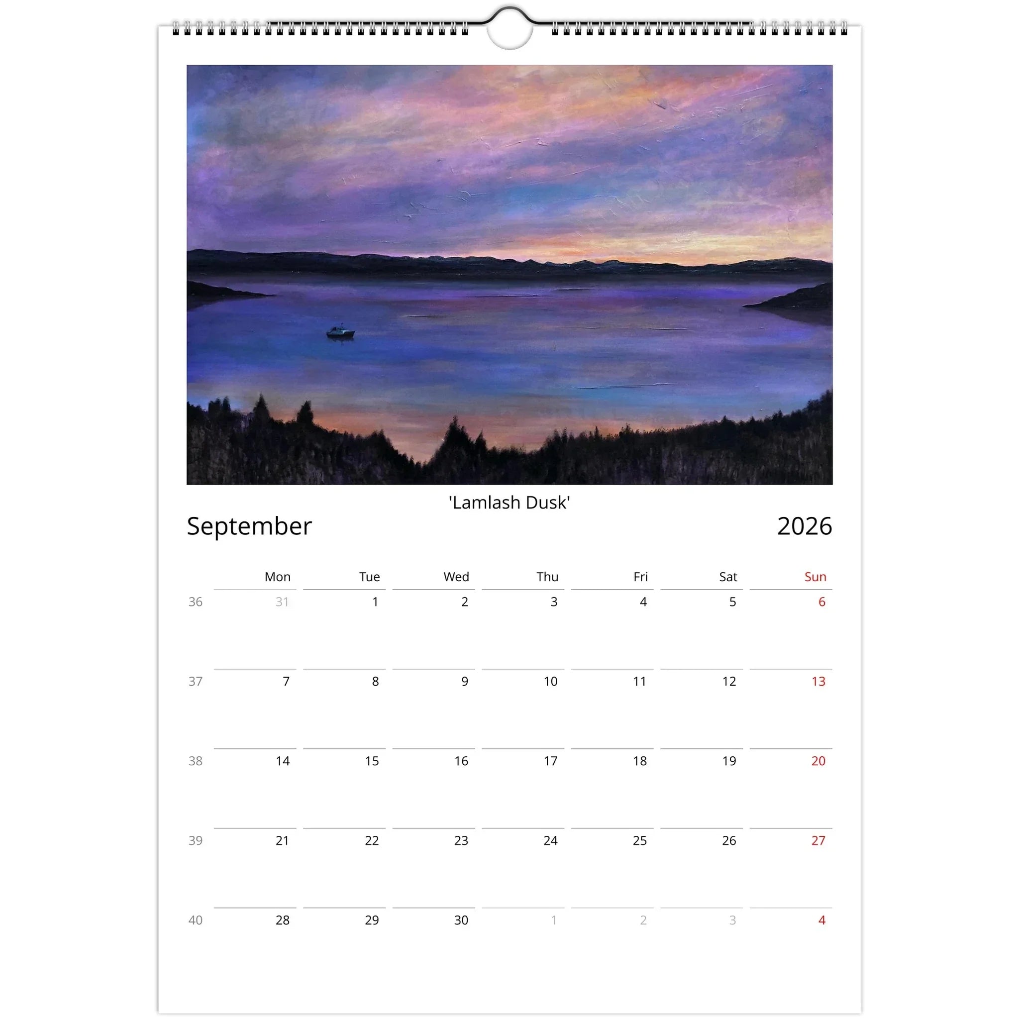 Wall calendar for September 2026 featuring a lake at dusk painting in Kevin Hunter 2026 Art Calendar