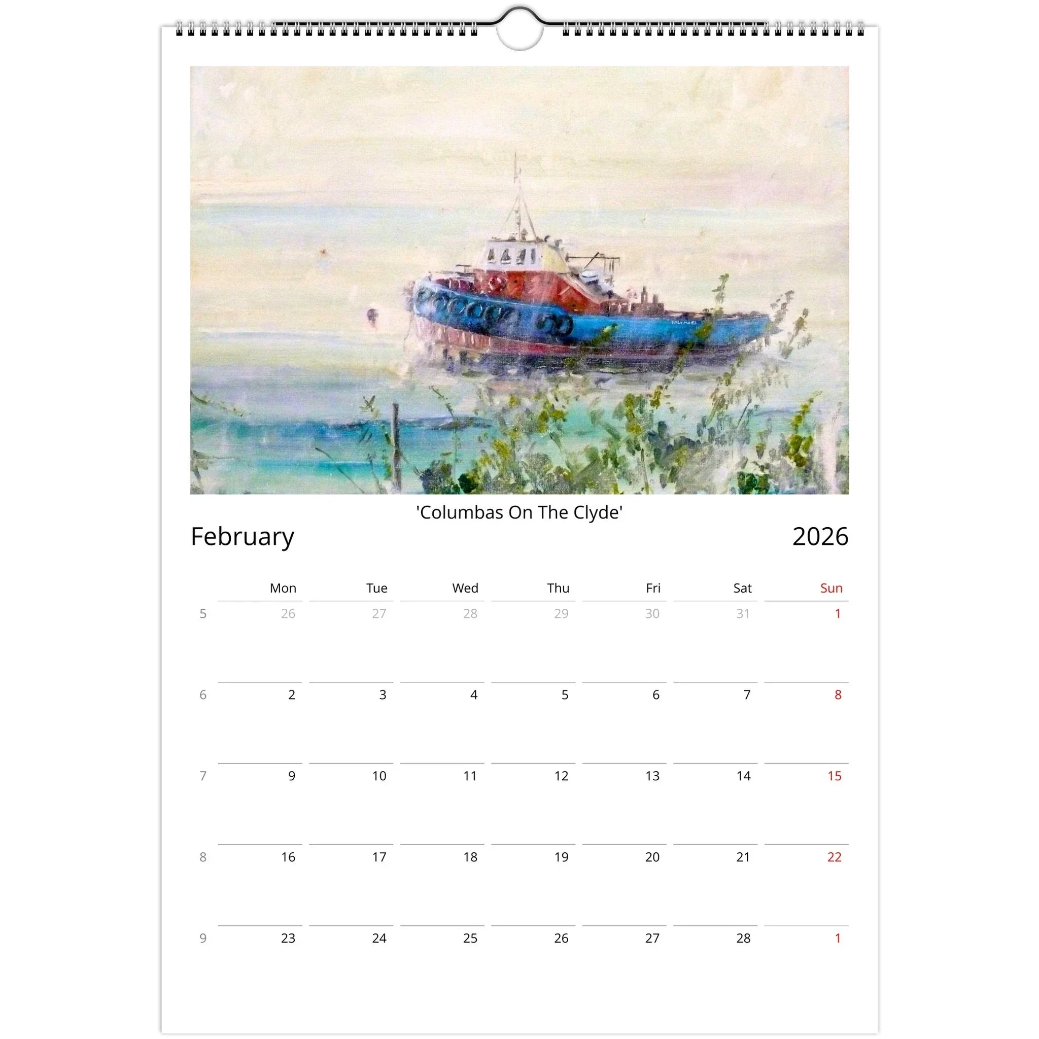 Wall calendar for Kevin Hunter 2026 featuring February 2026 and impressionistic tugboat art on the Clyde