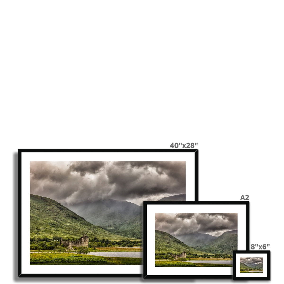 Kilchurn Castle framed landscape print with dramatic clouds and mountains