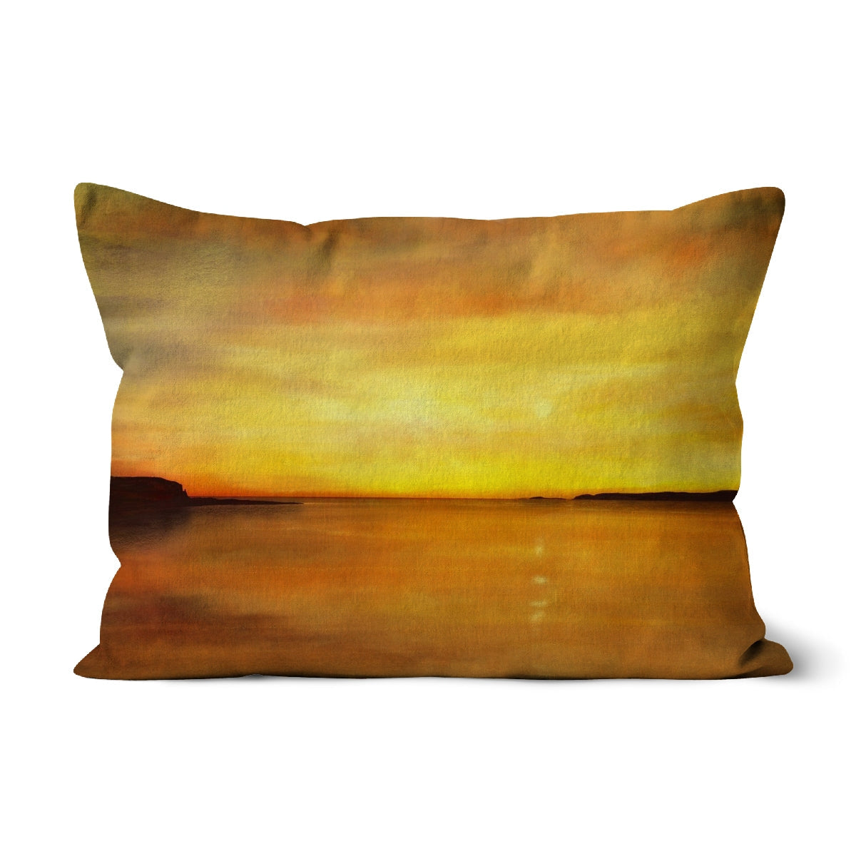 Kings Cave Sunset Arran Cushion in yellow orange sunset textured fabric