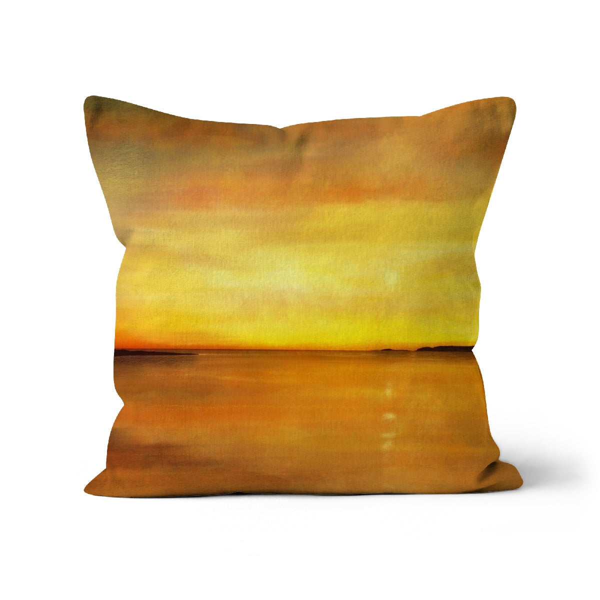 Yellow orange sunset watercolor throw pillow in cotton Kings Cave Arran Cushion