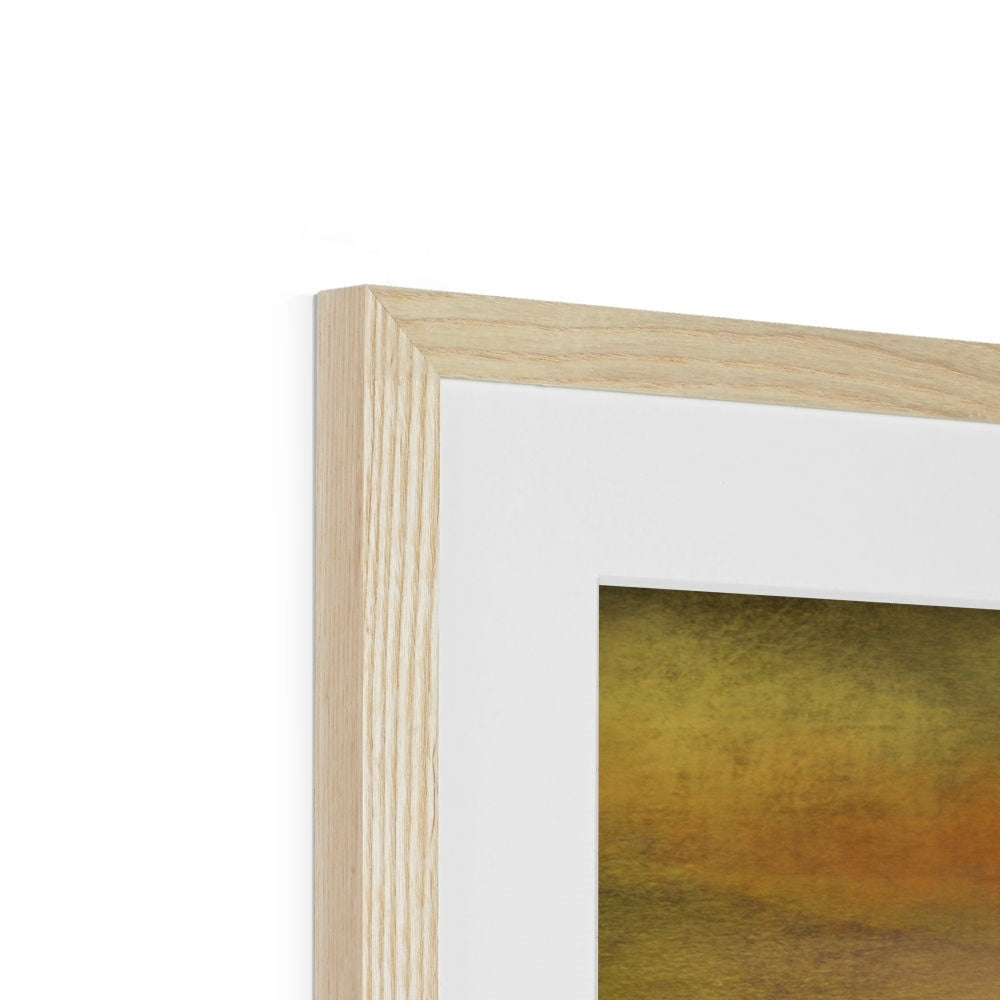 Kings Cave Sunset Arran abstract art print in light wood frame with white mat