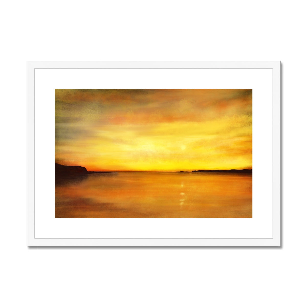 Kings Cave Sunset Arran gold sunset landscape painting in white frame