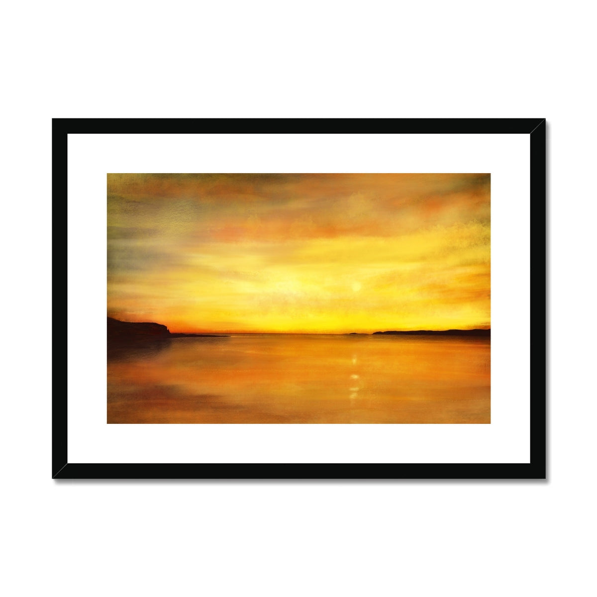 Gold and orange Kings Cave sunset on Arran framed art print