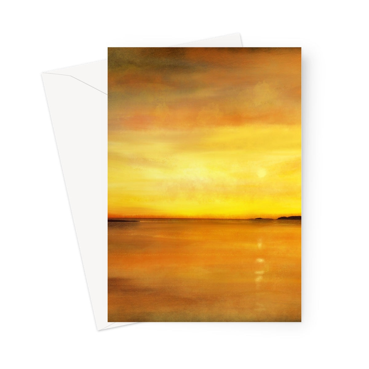 Golden sunset greeting card with abstract orange yellow hues Kings Cave Sunset Arran