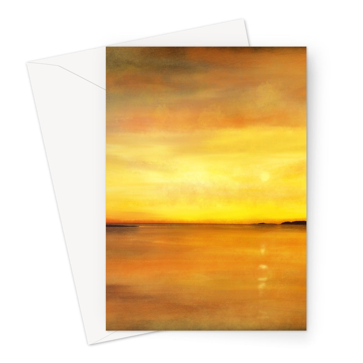 Golden sunset watercolor greeting card Kings Cave Sunset Arran design