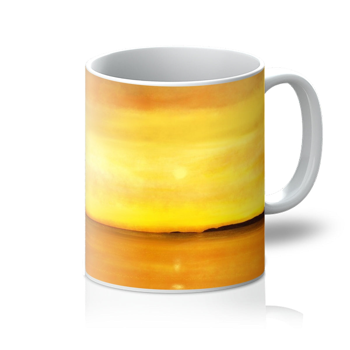 Kings Cave Sunset Arran Mug: yellow ceramic with white interior and handle