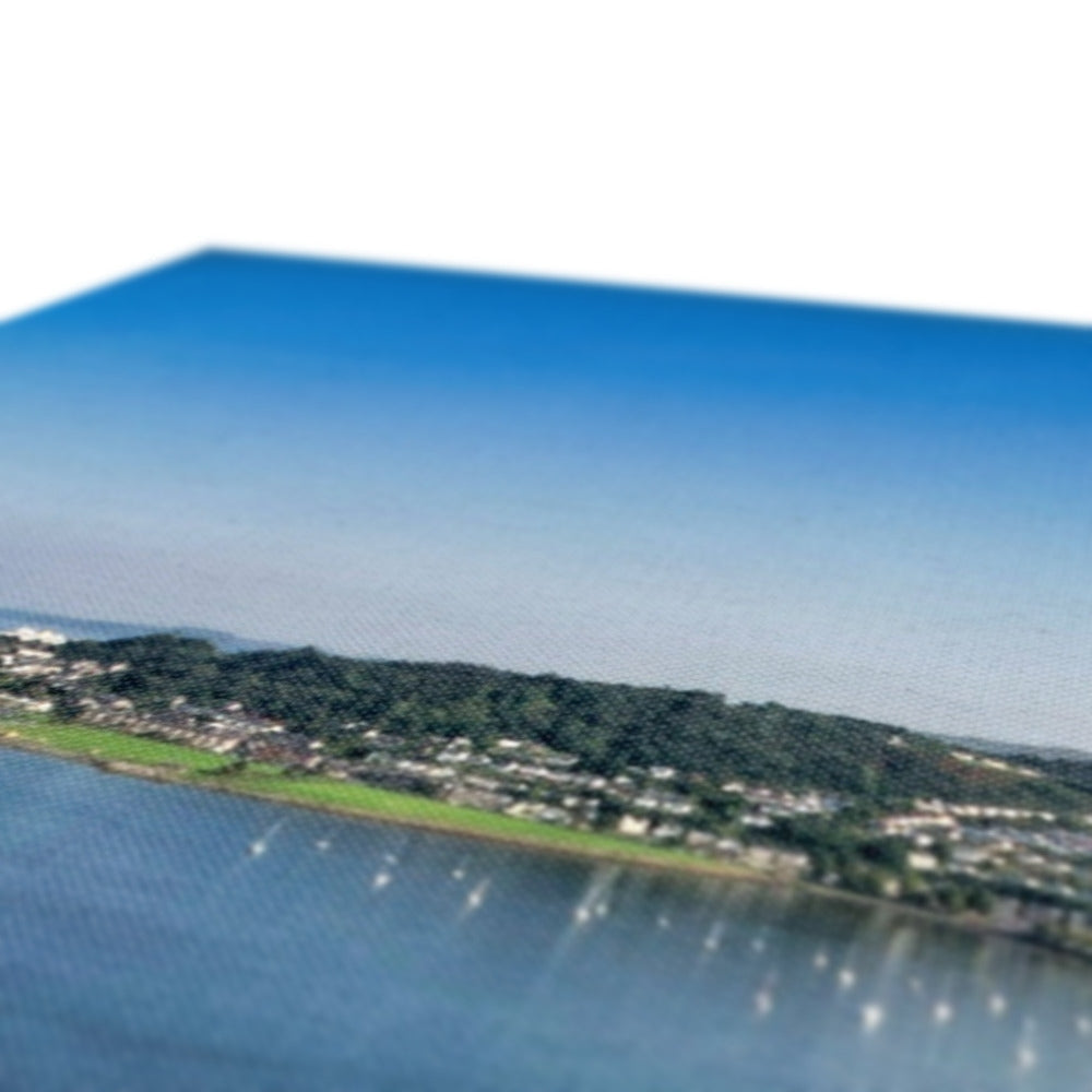 Blue rectangular acrylic Kip Marina coaster with marina scene design