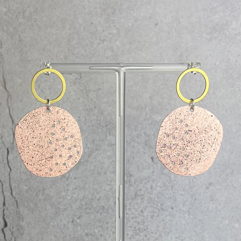 La Laguna Cesar earrings in pastel pink speckled matte finish with gold hoops by Lindsay Mcdowall Jewellery