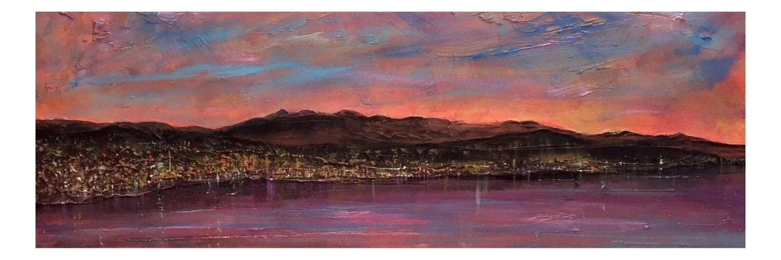 La Spezia Dusk panoramic painting of purple pink sunset cityscape with mountains