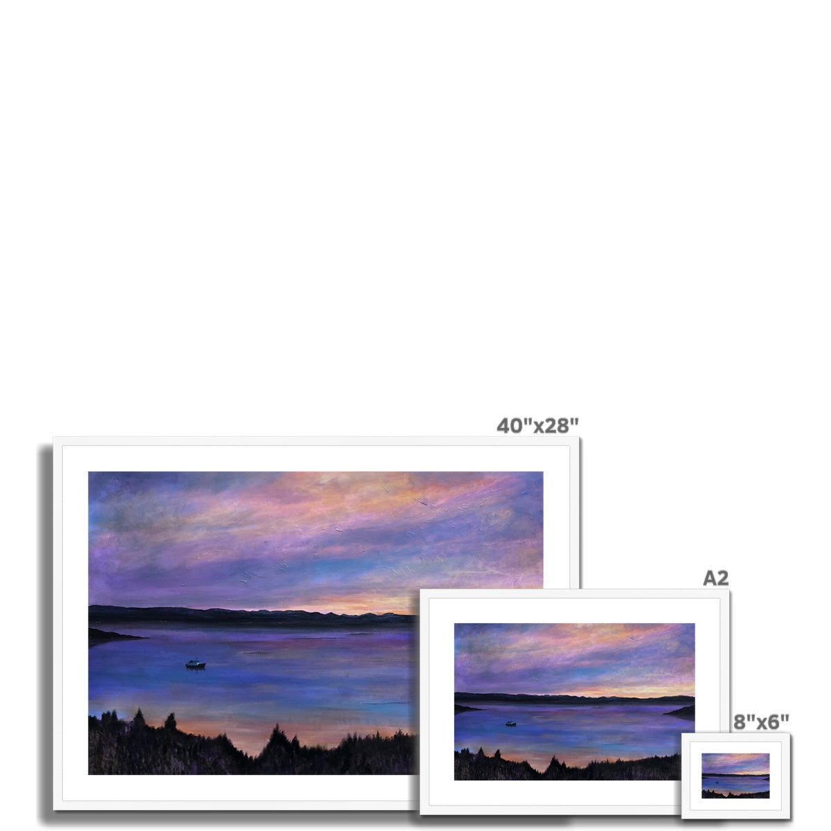 Lamlash Dusk 40x28 inch framed sunset print in purple blue hues