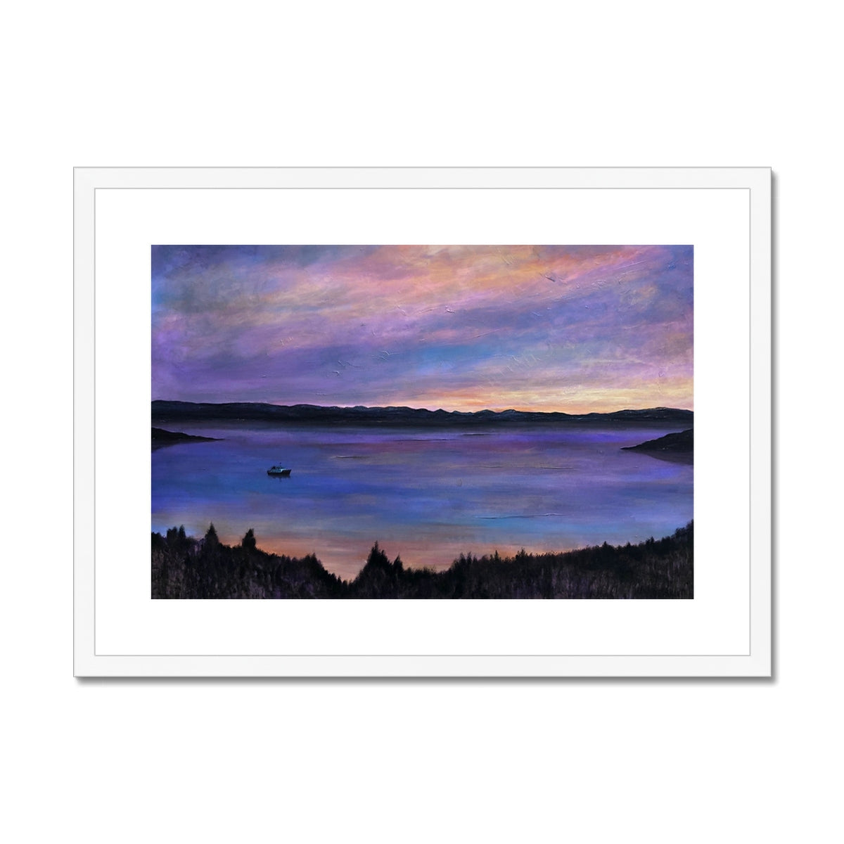 Lamlash Dusk purple and pink sunset landscape art print in white frame