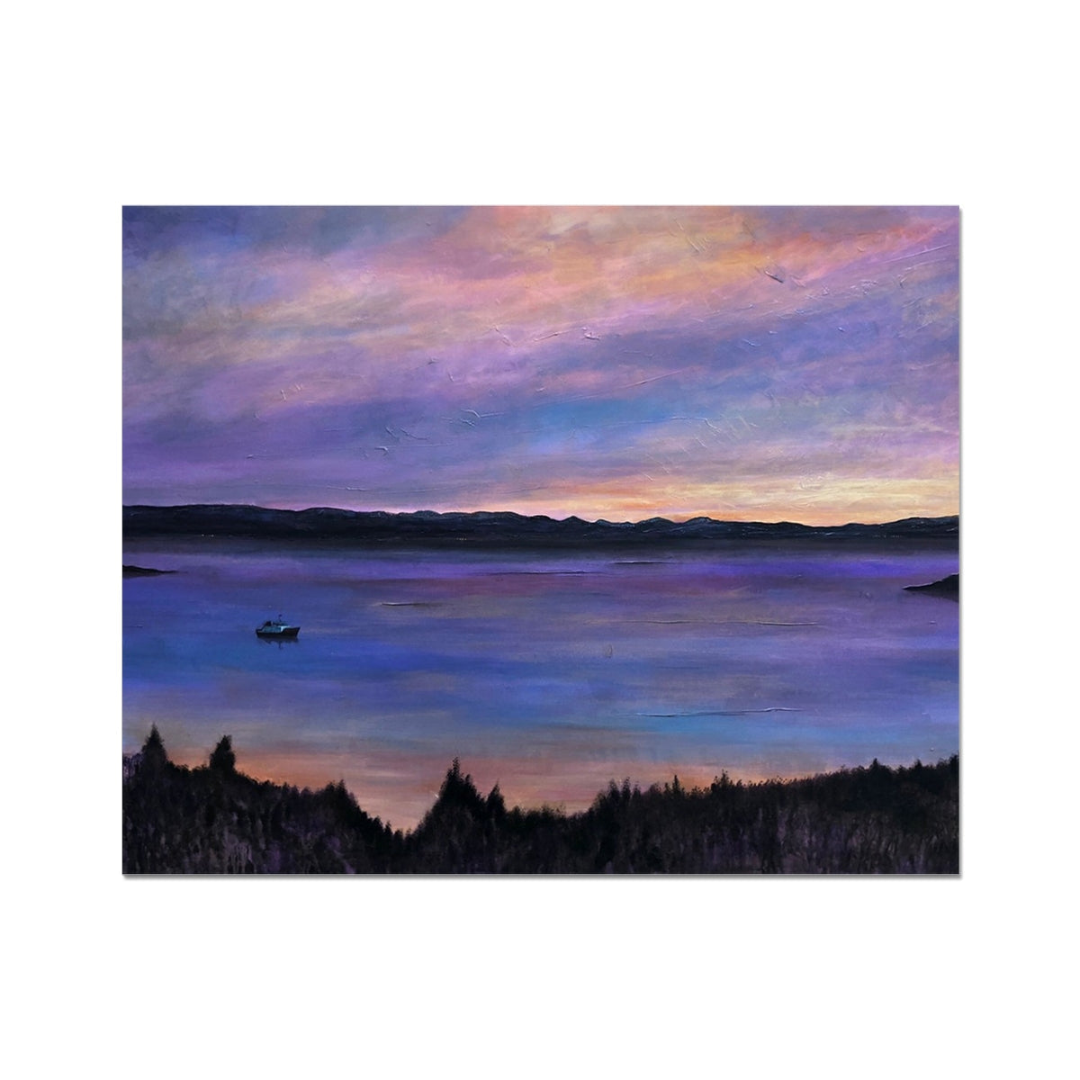 Lamlash Dusk Artist Proof: Purple Pink Sunset Painting with Boat