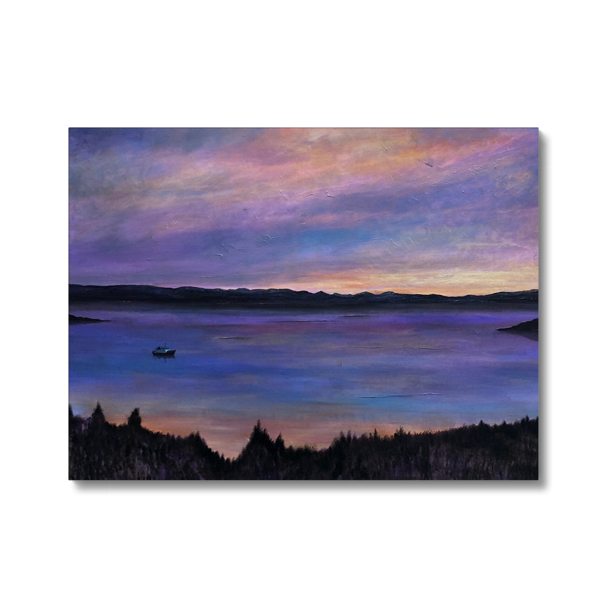 Lamlash Dusk purple and pink sunset landscape canvas print with boat