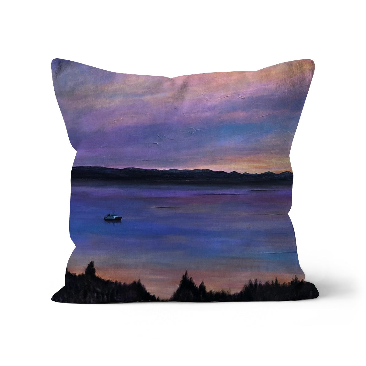 Lamlash Dusk Cushion: serene twilight lake with purple, blue, orange hues