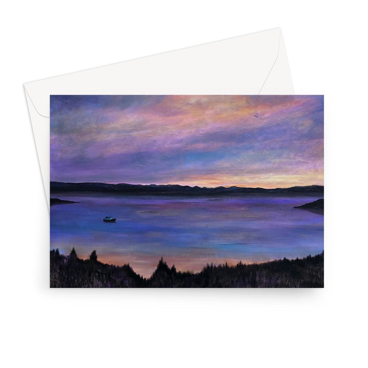 Lamlash Dusk greeting card with painted sunset over water in purple, pink, orange hues