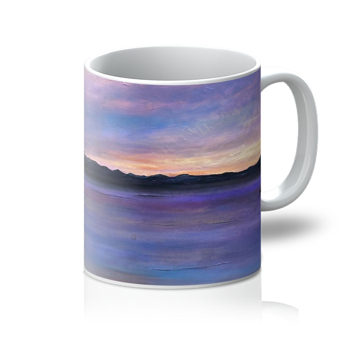 Lamlash Dusk Mug: white ceramic with painted sunset over water in purples, blues, and orange hues