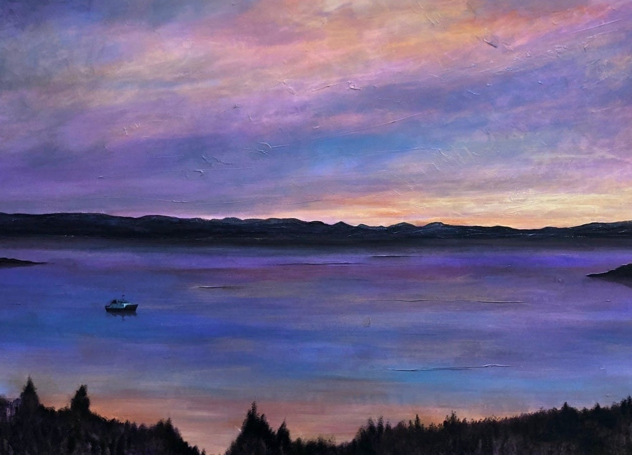 Purple sunset over water in Lamlash Dusk Original Painting for serene coastal decor