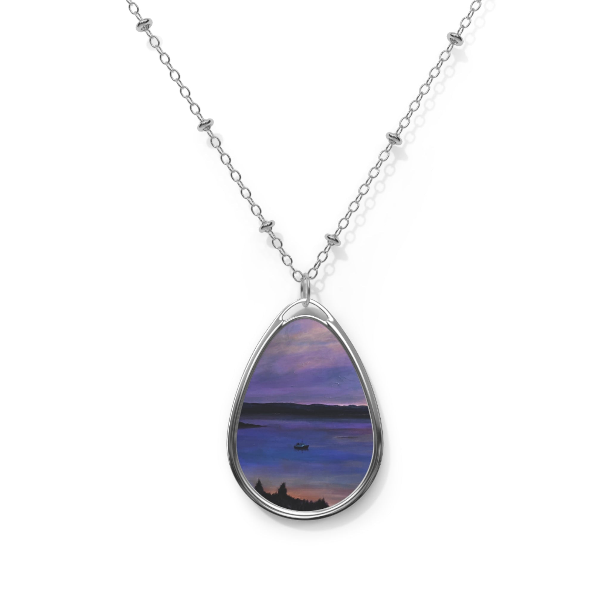 Lamlash Dusk silver teardrop necklace with serene lake at dusk painting