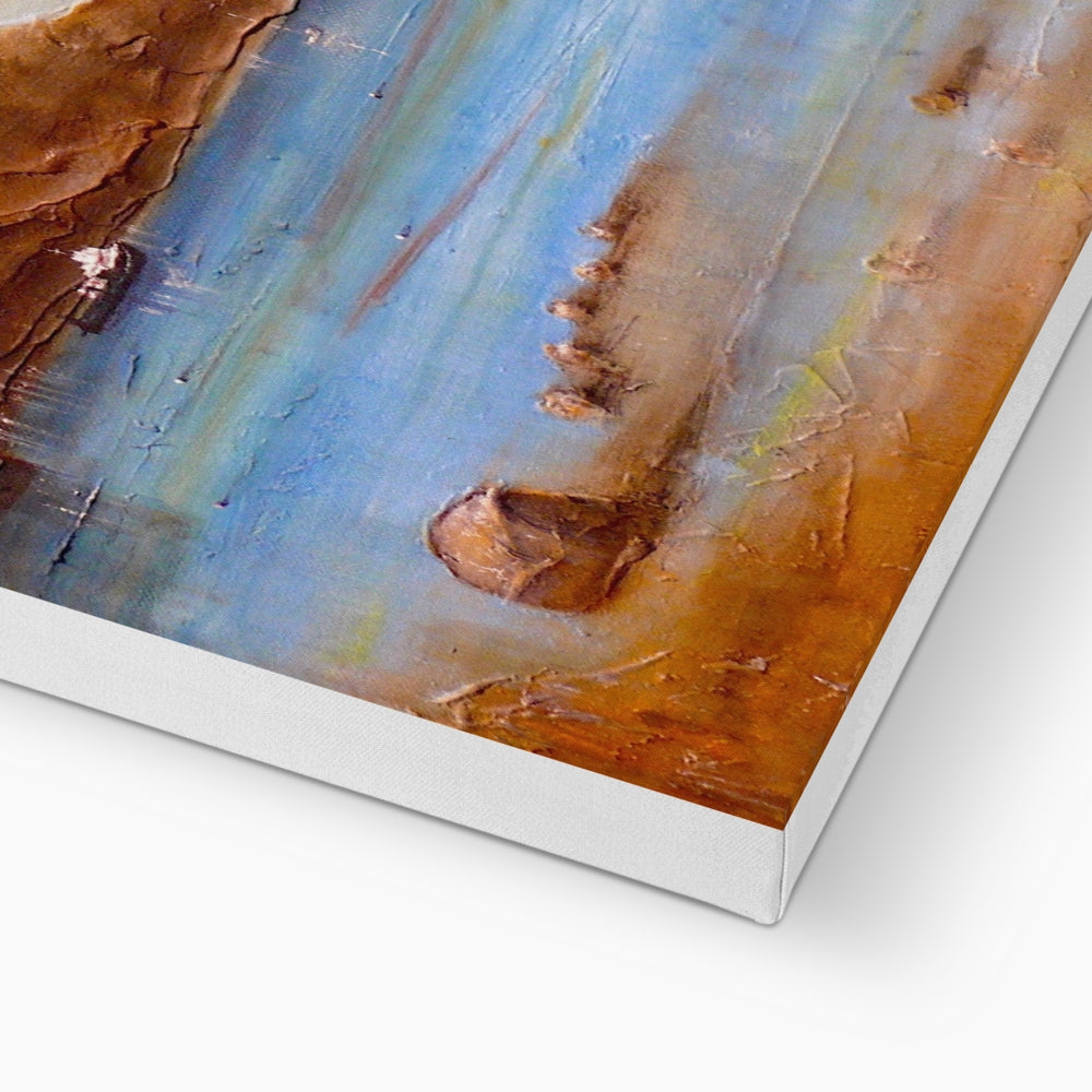 The Last Ferry To Dunoon abstract canvas print in blue and brown tones on white frame