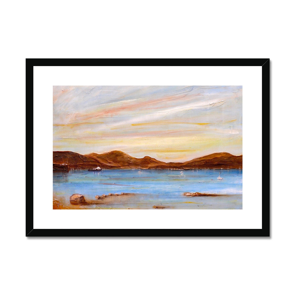 Black framed serene lake and mountain art print The Last Ferry To Dunoon